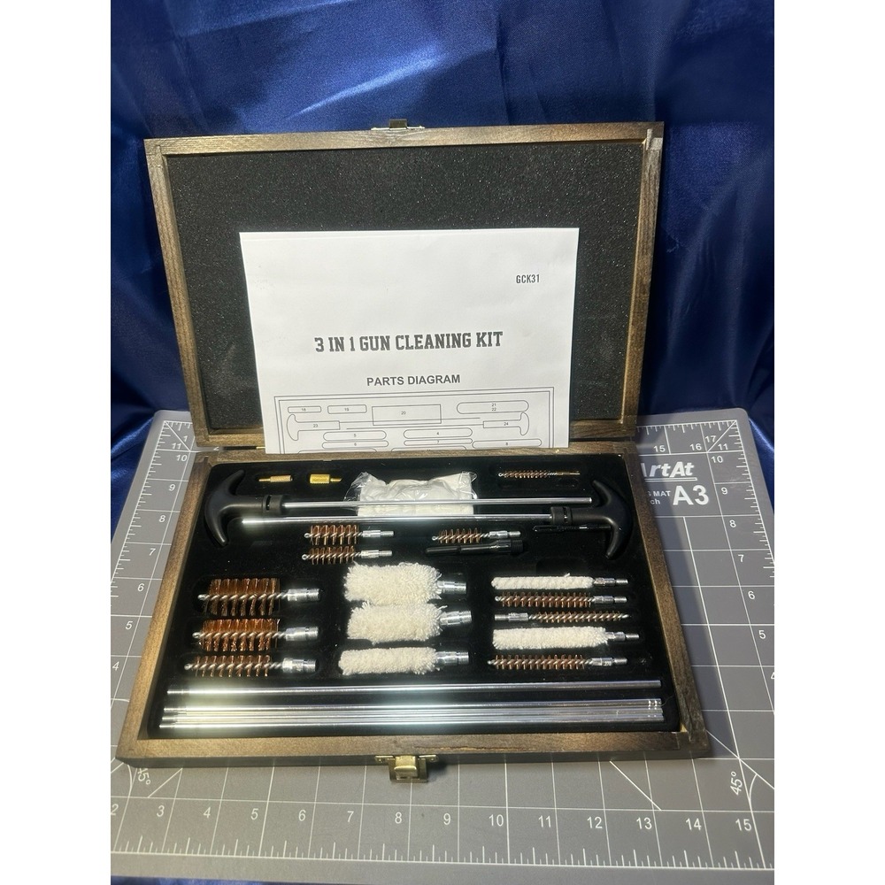 3 In 1 Gun Cleaning Kit With Vintage Wooden Carrying Case GCK31